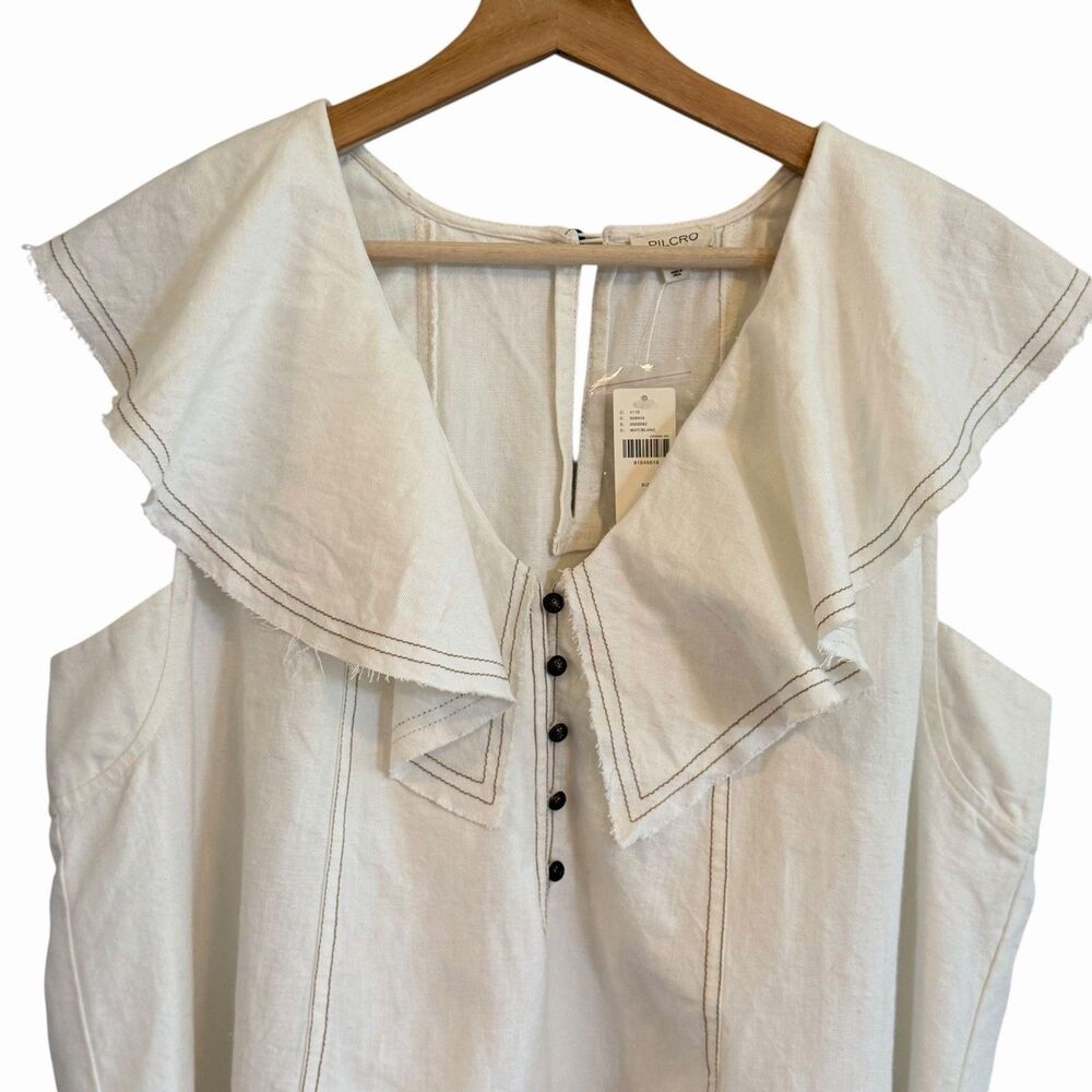 Pilcro Boho Coastal Linen Blend Ruffle Neck Top Size L Lightweight Loose Travel - Picture 2 of 7